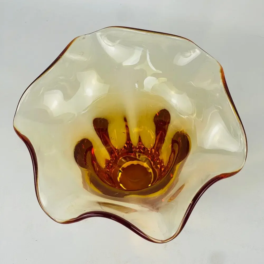 Tiffen Glassware Amber Ruffle Glass Vase or Candle Holder 6” W x 4 5/8” H